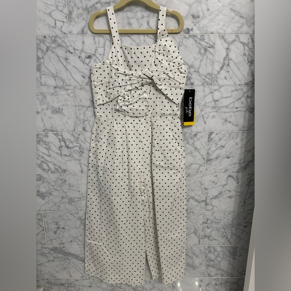 Boohoo White Polka Dot romper by Bebe, size 7/8. NWT